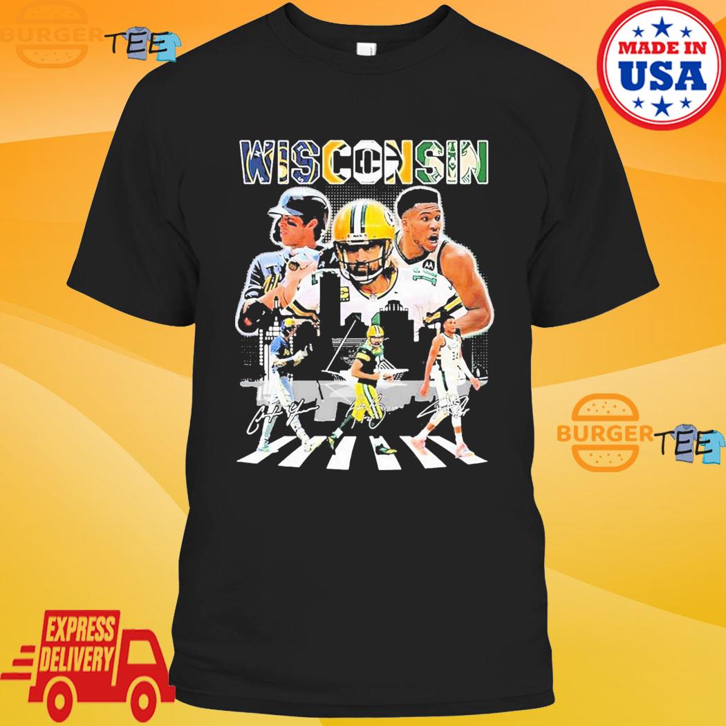 Christian Yelich Giannis Antetokounmpo And Aaron Rodgers Wisconsin Abbey  Road Signatures Shirt - Shibtee Clothing