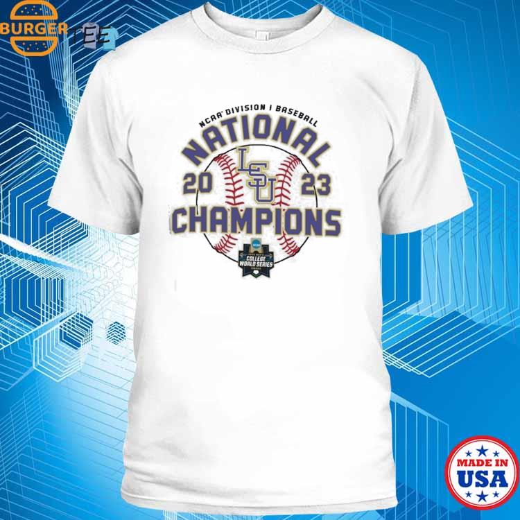 Champion Men's Louisiana State University 2023 College World Series  Baseball National Champs Locker Room Short Sleeve T-Shirt