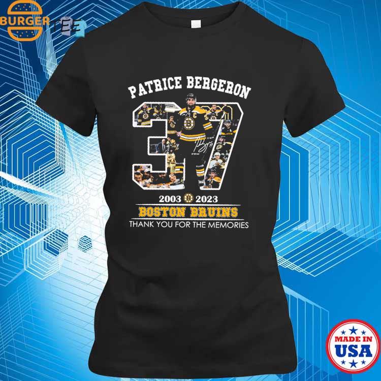 Patrice Bergeron 2003 2023 thank you for the memories signature shirt,  hoodie, sweater, long sleeve and tank top