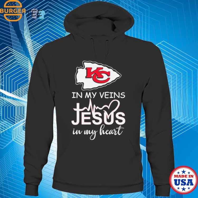 Official kansas City Chiefs champion in my veins jesus in my heart  2022-2023 shirt, hoodie, sweater, long sleeve and tank top