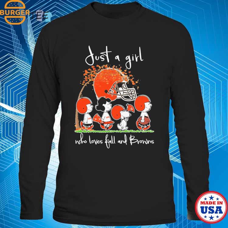 Official peanuts Just A Girl Who Loves Fall And Cleveland Browns Shirt,  hoodie, sweater, long sleeve and tank top