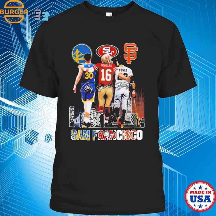 San francisco sports stephen curry Joe Montana and buster posey signatures  skyline 2023 T-shirt - Yeswefollow