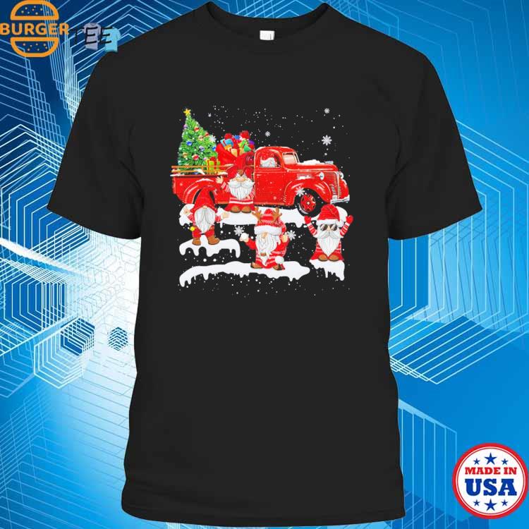 Three Gnomes In Red Truck With Merry Christmas Tree Lights T-shirt